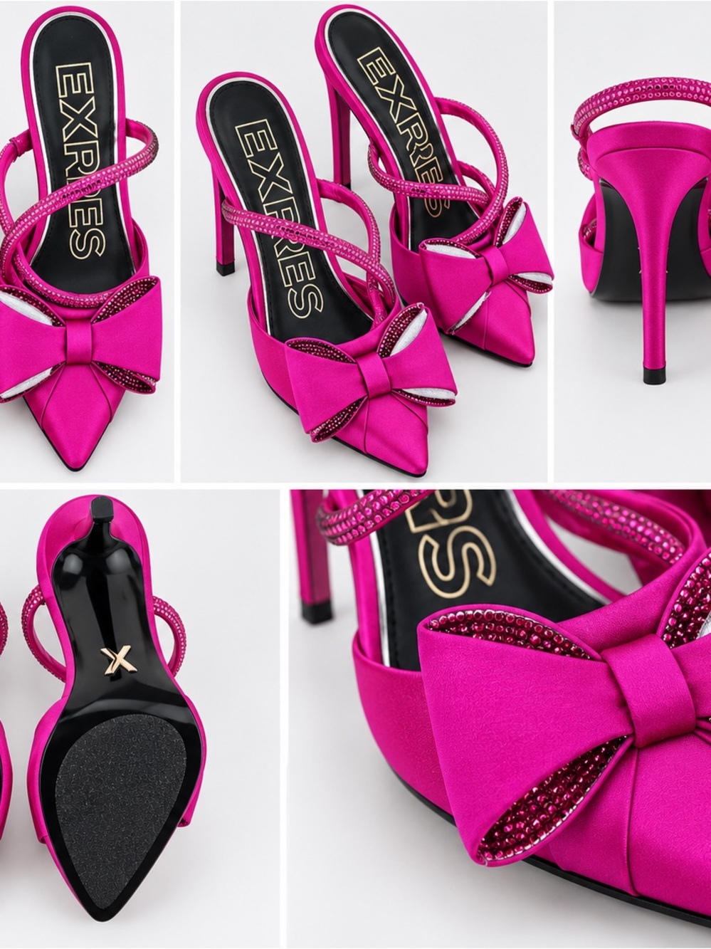 Express Hot Pink Satin Bow Stiletto Heels with Crystal Straps